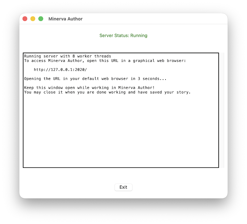 An informational window that shows messages about what Minerva Author is doing behind the scenes